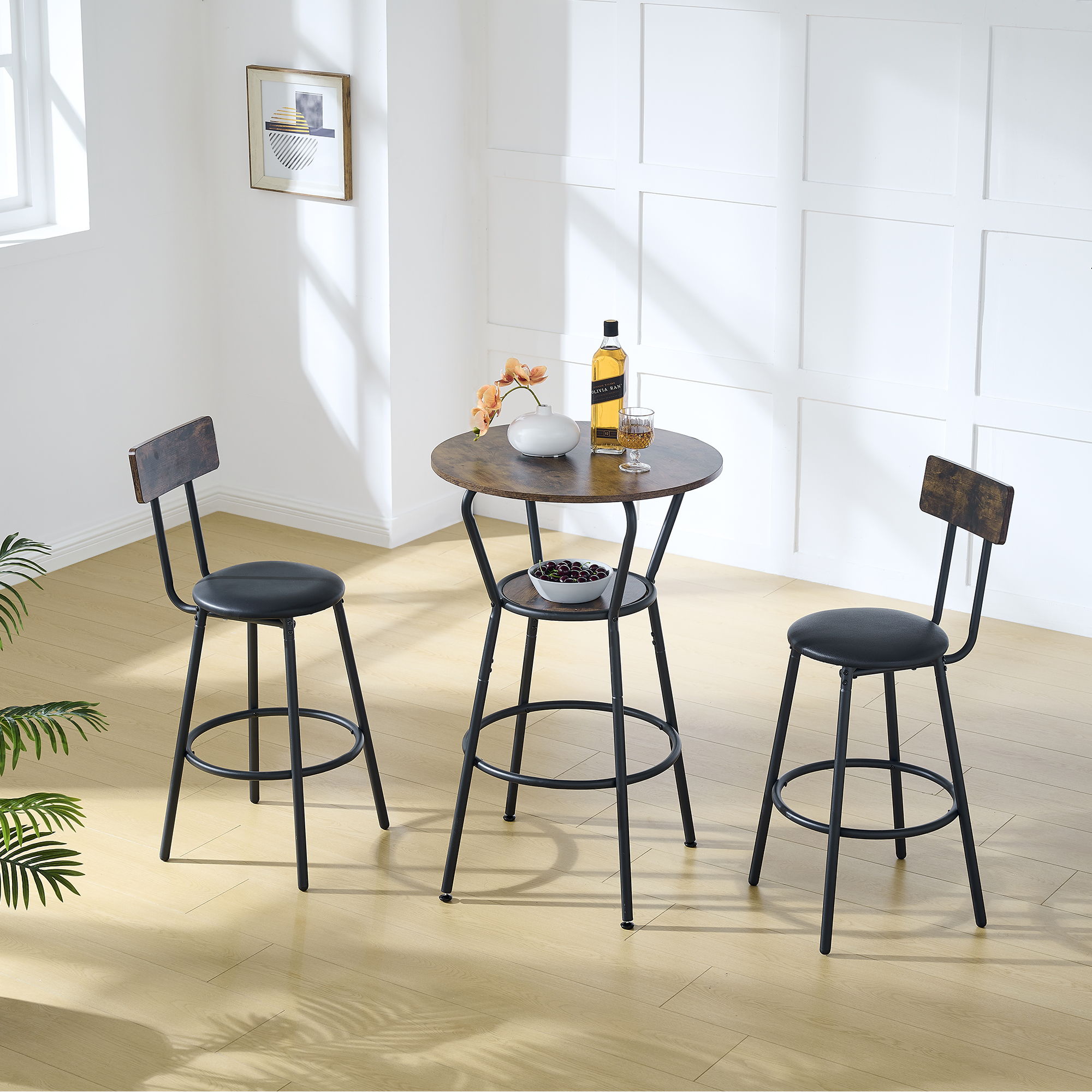 Rustic Brown Round Bar Table And Stool Set With Shelf, Upholstered Stool With Backrest - Antique Brown