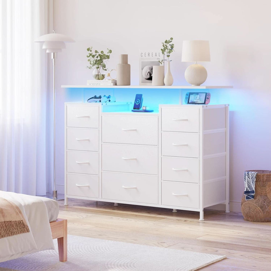 11 Drawer Dresser With Fabric Drawers And Charging Station For Bedroom Storage And Organization