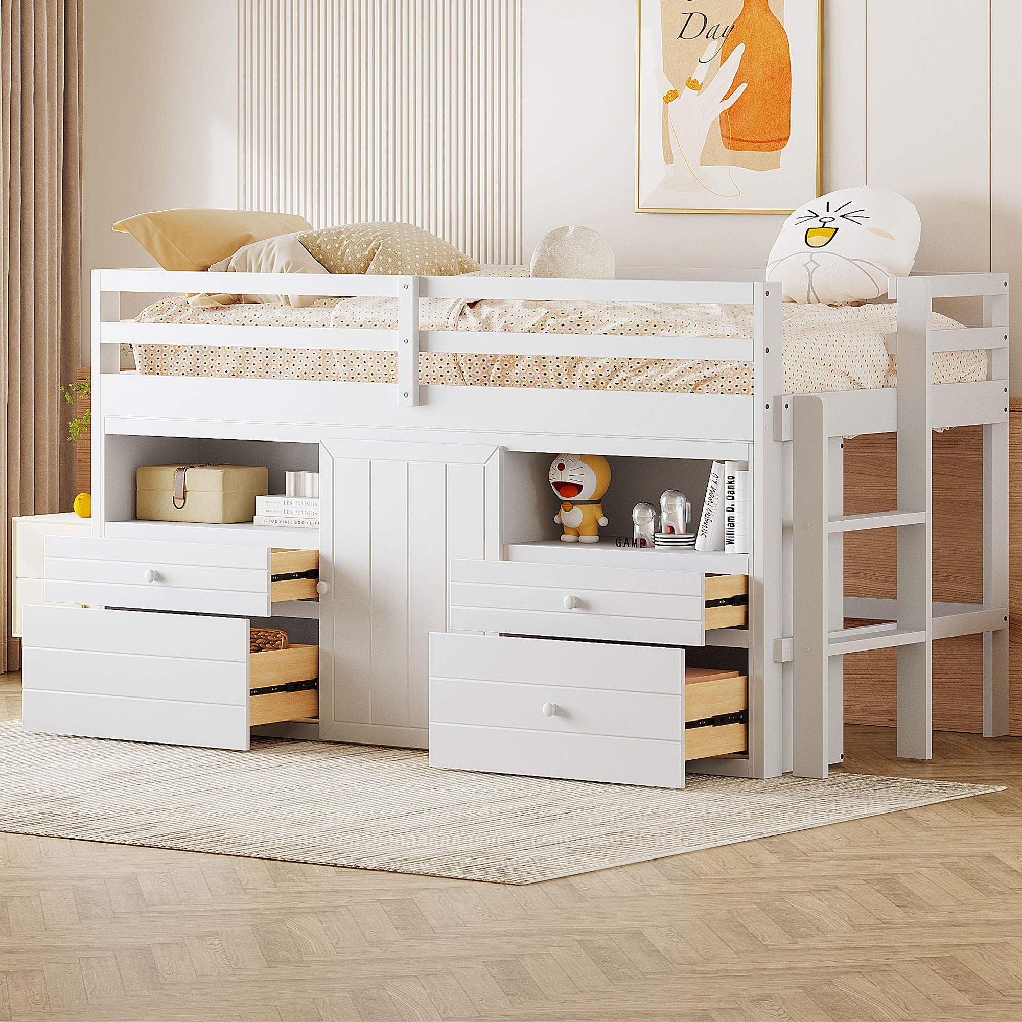 Loft Bed With 4 Drawers, Underneath Cabinet And Shelves