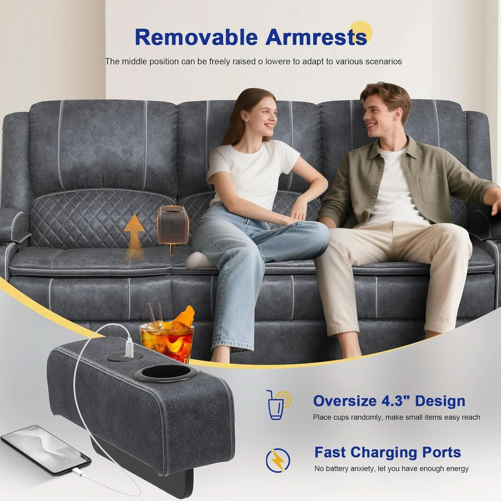 Grey Velvet 3 Seater Recliner Sofa With USB Ports Storage