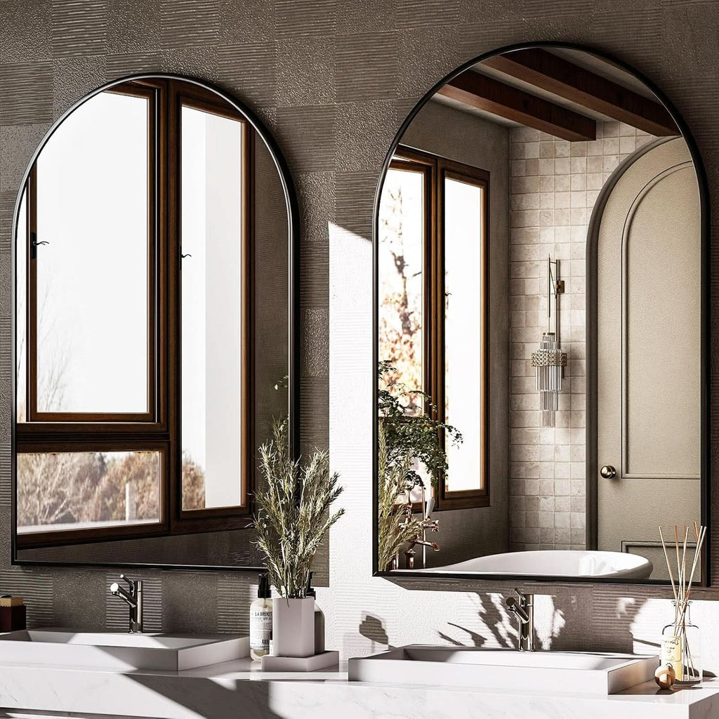 Arched Wall Mirror Black Metal Frame 24 By 36 Inches