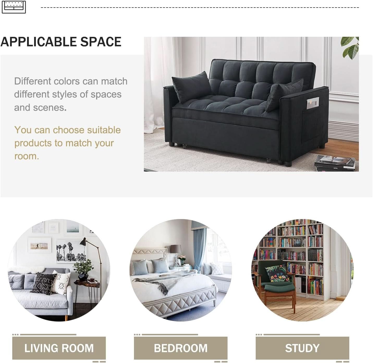 Black Velvet Sleeper Sofa With Adjustable Backrest