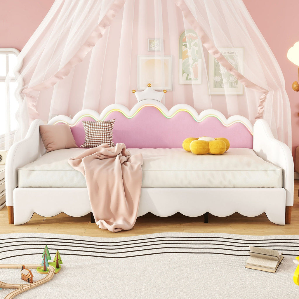 Extending Daybed With LED Lights, Modern Upholstered Princess Daybed With Crown Headboard