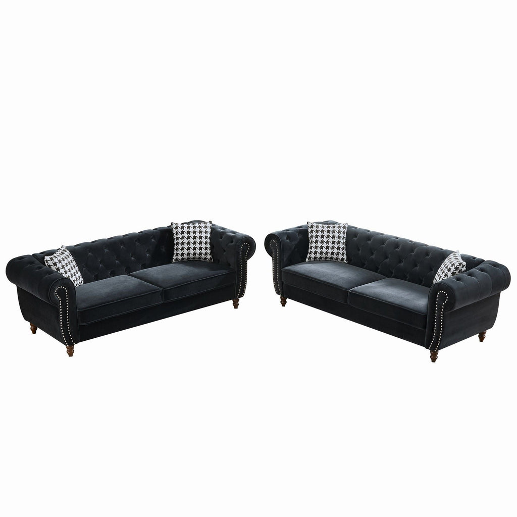 Chesterfield Upholstery Fabric Sofa With Roll Armrest & Nailhead, Mid Century Modern 3 And 3 Seater Couch