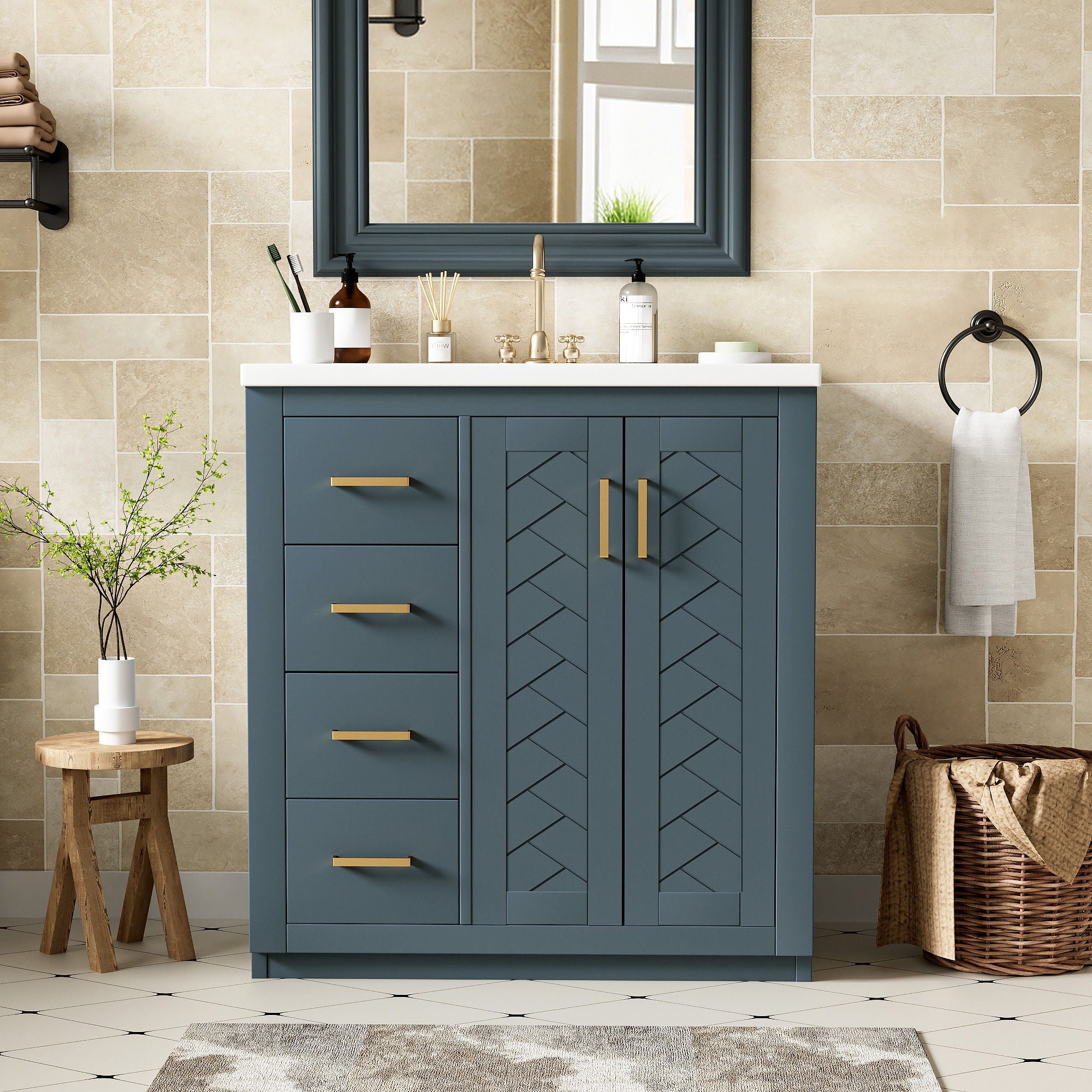 Ceramic Sink Combo, Freestanding Vanity Set With 3 Drawers & Soft Closing Doors