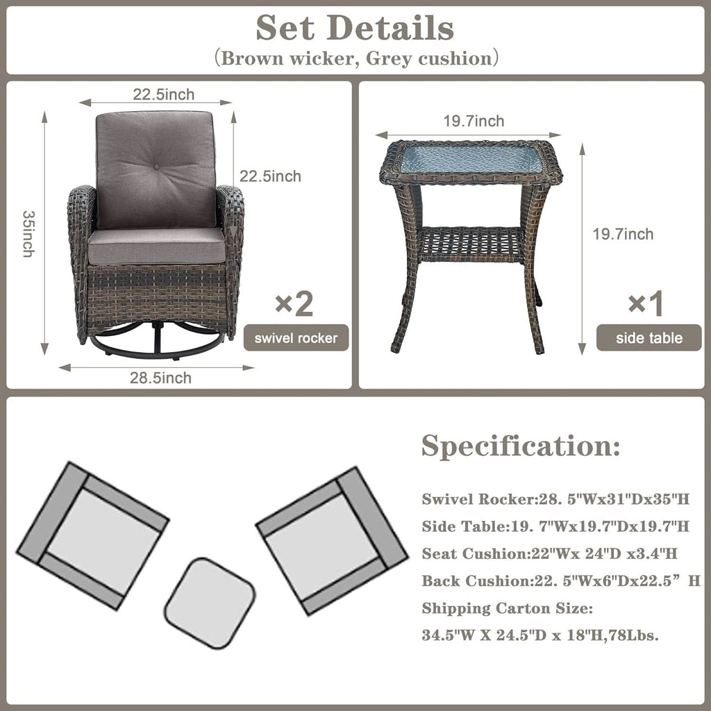 Brown Wicker Swivel Patio Set 2 Chairs Glass Table