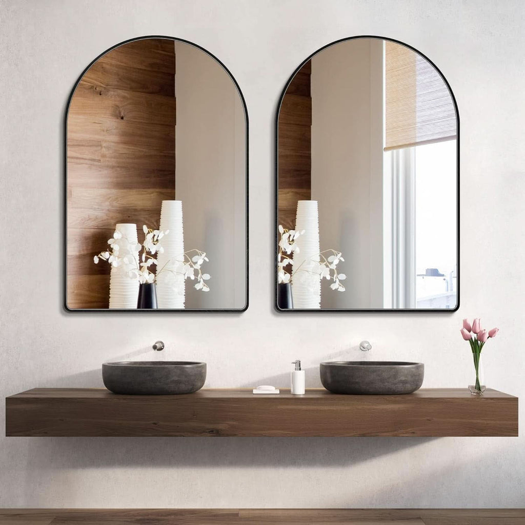 24x36 Inch Black Arched Wall Mounted Mirror With Brushed Metal Frame For Bathroom Vanity