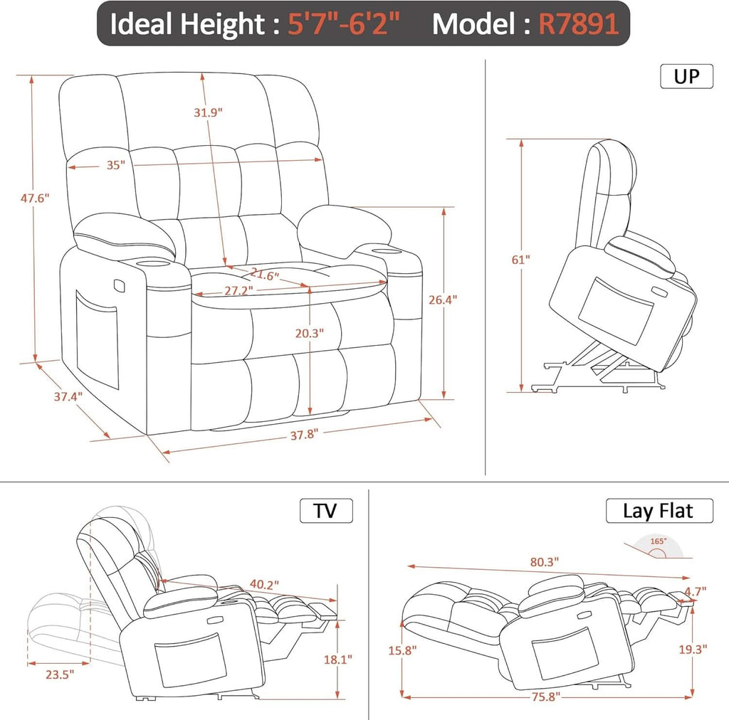 Large Power Lift Recliner With Massage And USB Ports