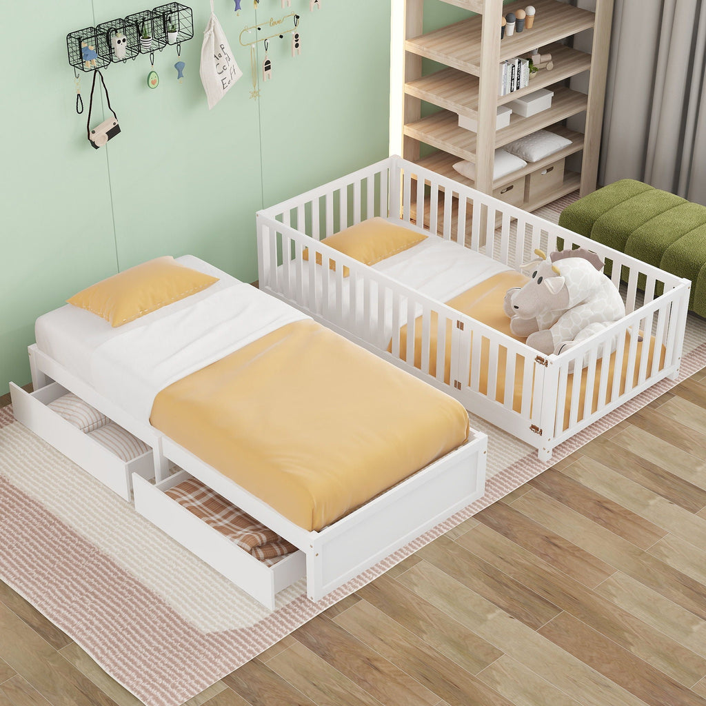 Daybed With Fence Guardrails And 2 Drawers, Split Into Independent Floor Bed & Daybed