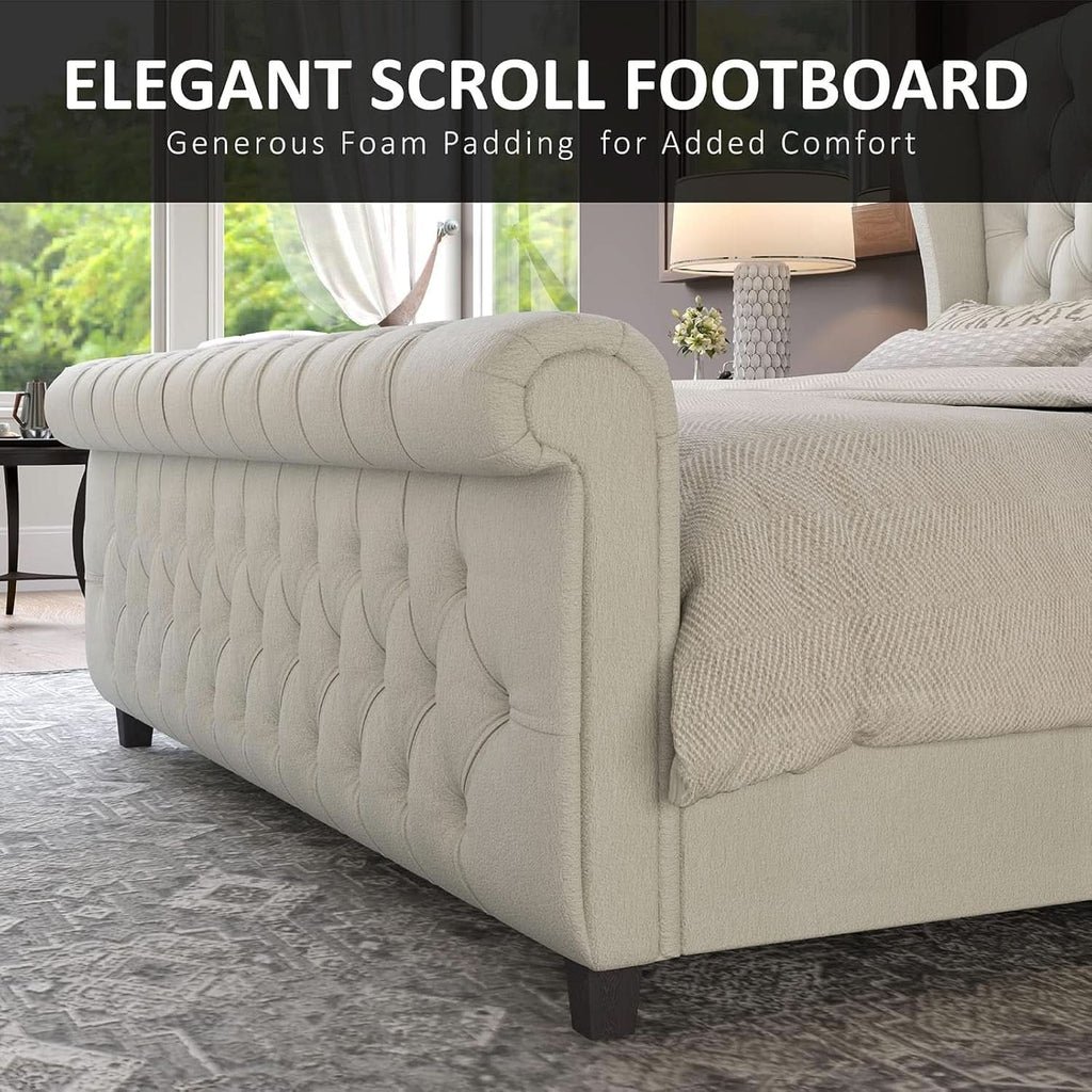 Queen Size Chenille Upholstered Sleigh Platform Bed with Button Tufted Headboard