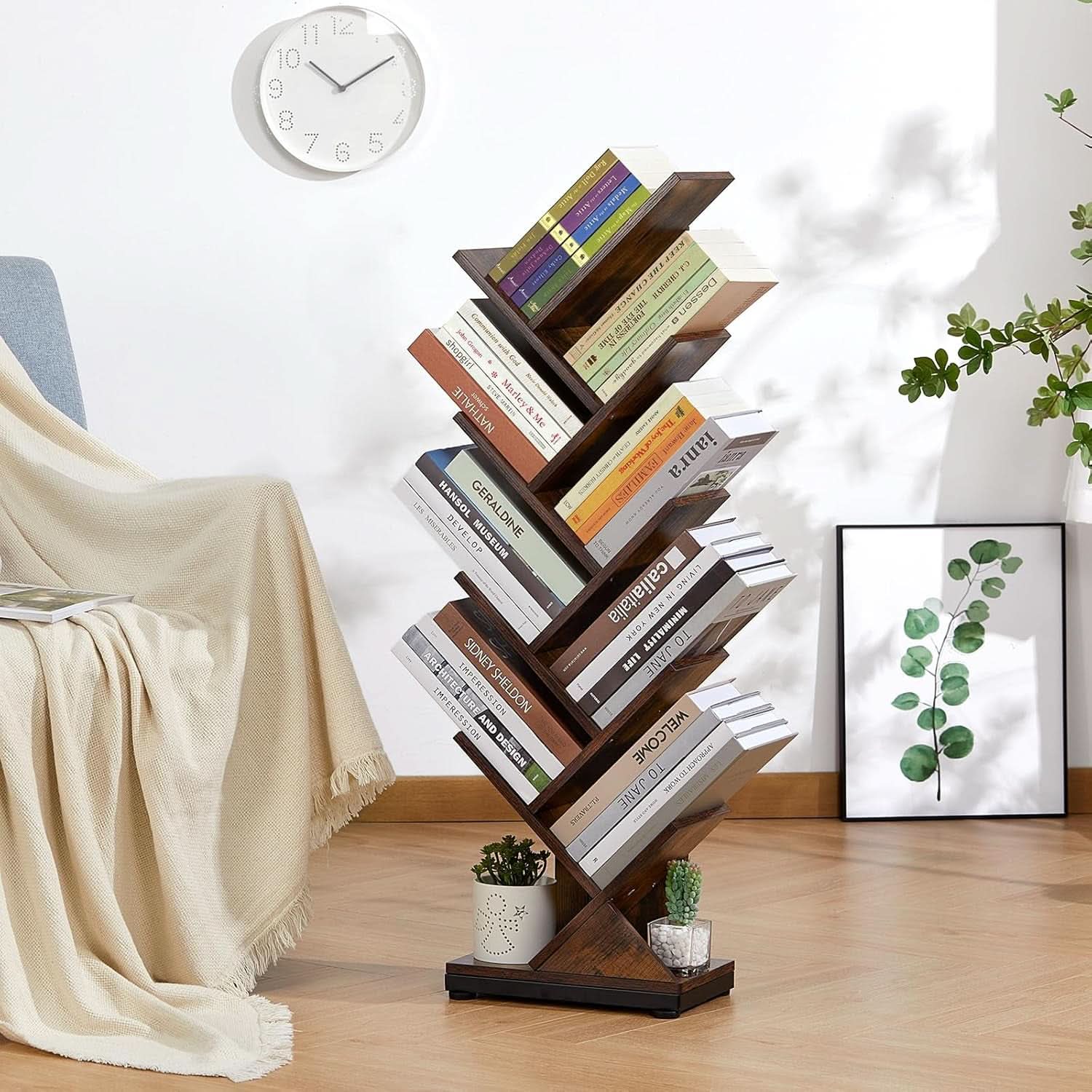 8 Tier Tree Bookshelf Floor Standing Bookcase For Books CDs Rustic Wood