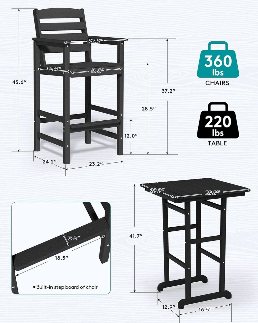 Black Balcony Adirondack Bar Chair Set With Table 3 Piece