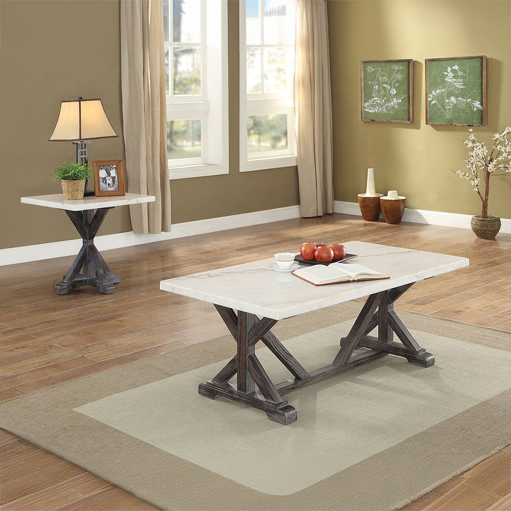 Romina - Coffee Table - White Marble Top & Weathered Espresso