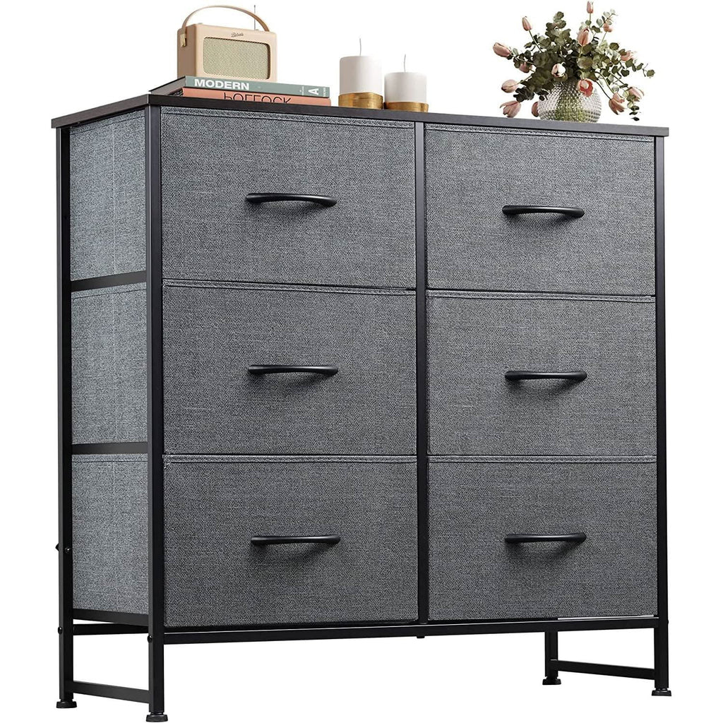 Six Drawer Dark Grey Fabric Dresser For Bedroom Storage