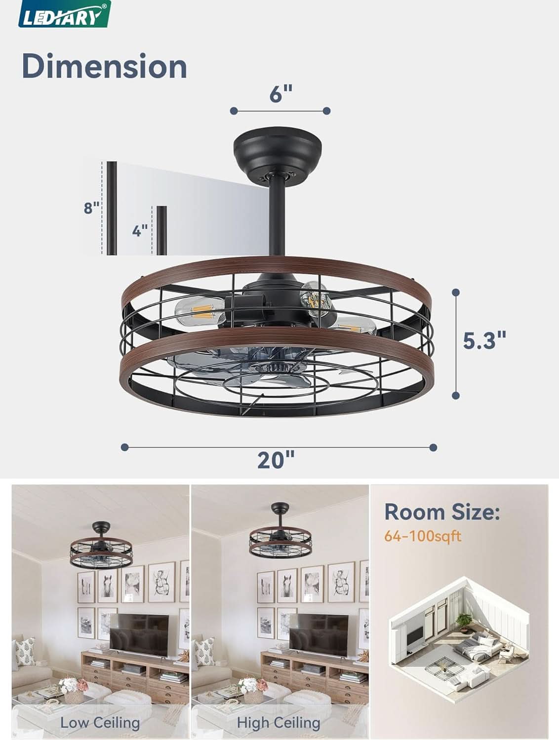 20 Inch Walnut Caged Fandelier Ceiling Fan With Light And Remote Control 6 Speeds With Timing