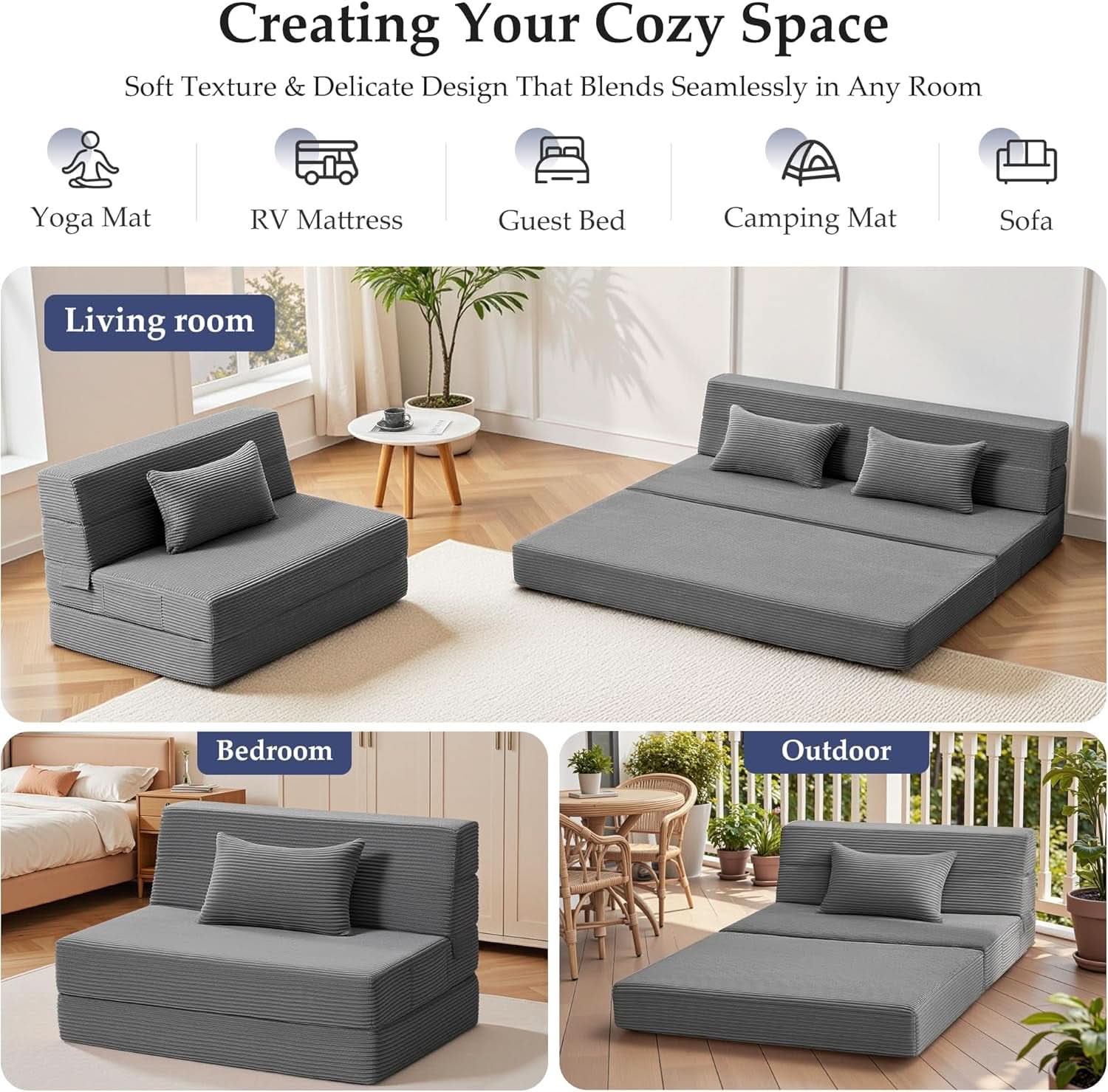 Dark Gray 4In1 Folding Memory Foam SofaBed Washable Cover
