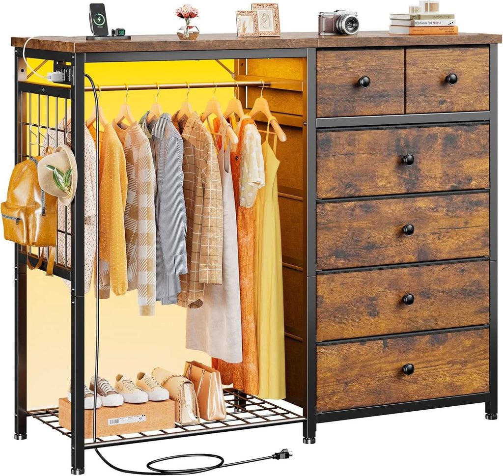 49 Inch Rustic Brown Dresser With Clothes Rack LED Lights