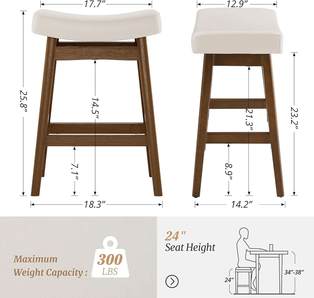 Bar Stools Set Of 2, 24 Inch Antique White Leather