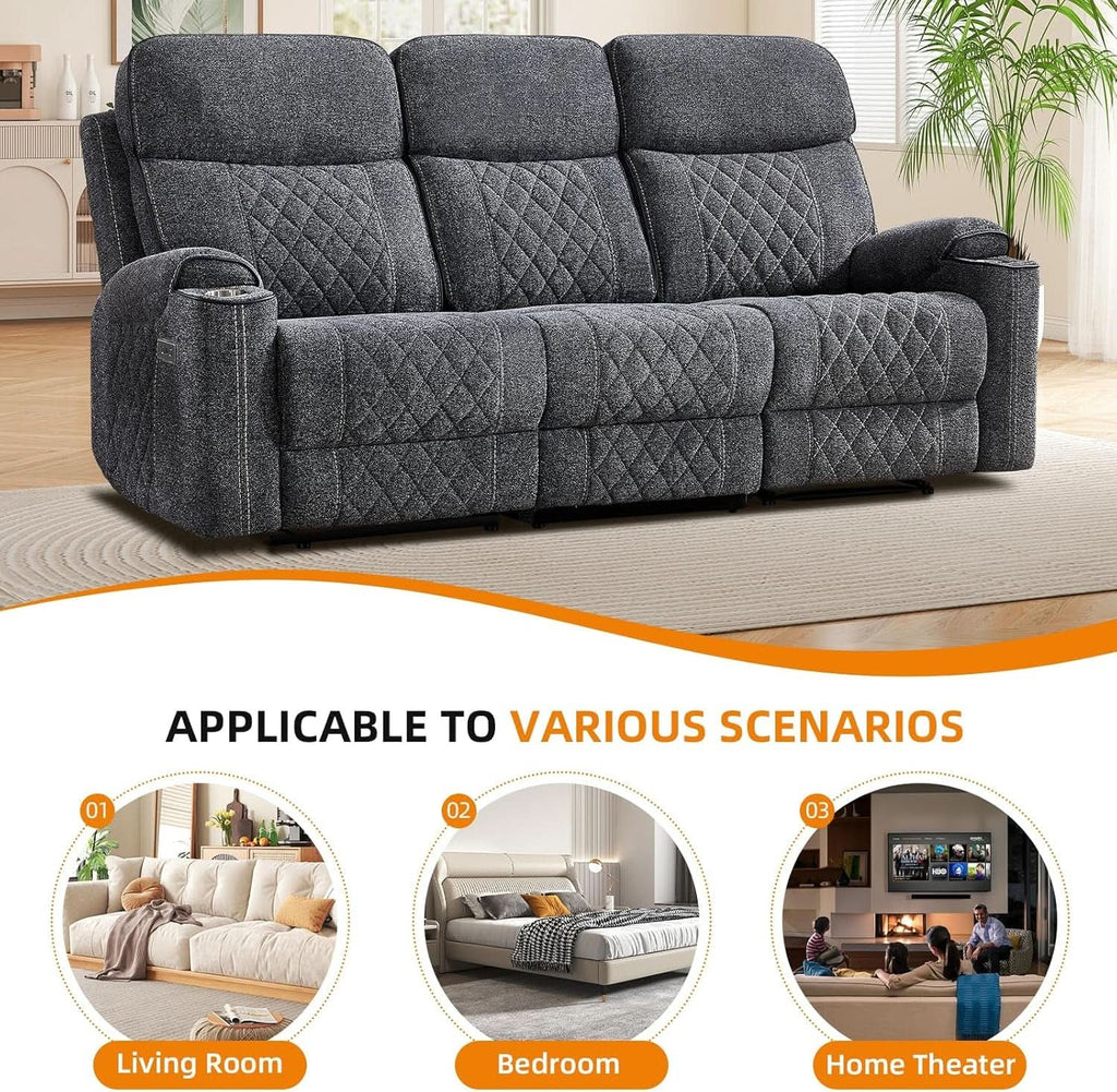 Grey Fabric 3-Seater Electric Recliner Sofa with Cup Holders
