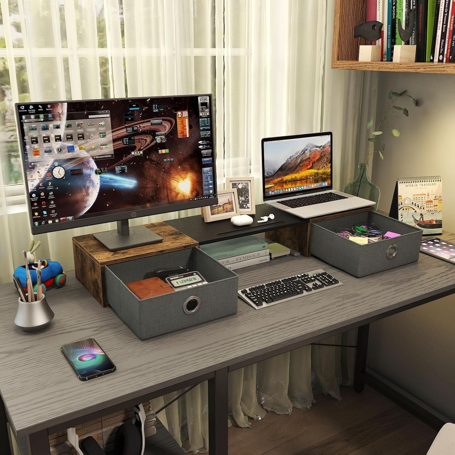 Dual Monitor Stand Riser For Two Monitors With Two Drawers