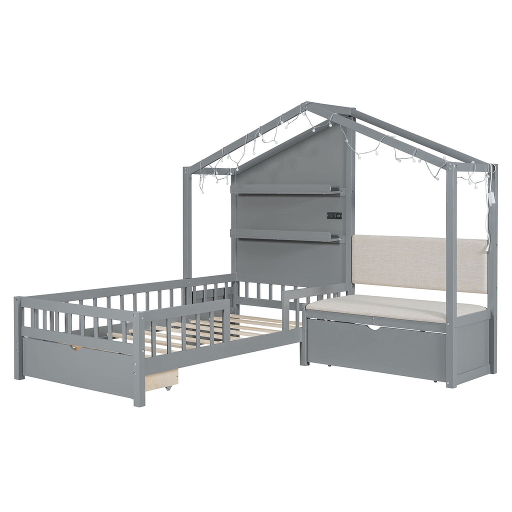 House Bed With Upholstered Sofa, Wireless Charging Station, Shelves And 2 Drawers