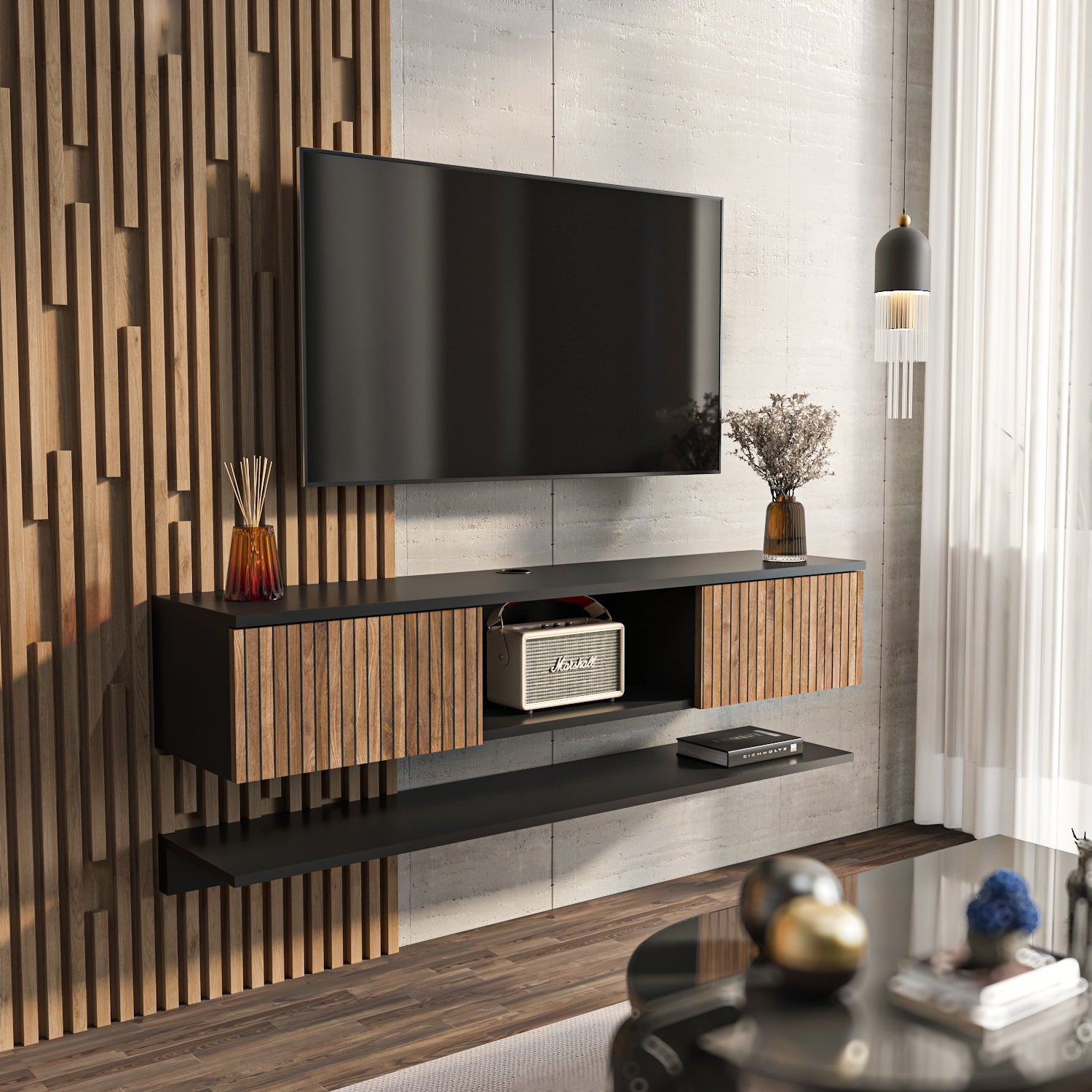 Elia 55” Floating TV Stand with Wall Shelf