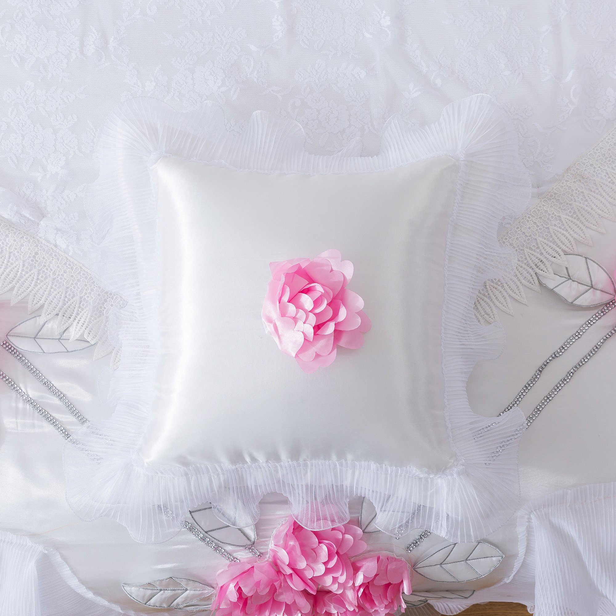 Tache Ruffle Floral Lace Satin White Pink Luxury Delicate Rose Comforter Set (MA125)