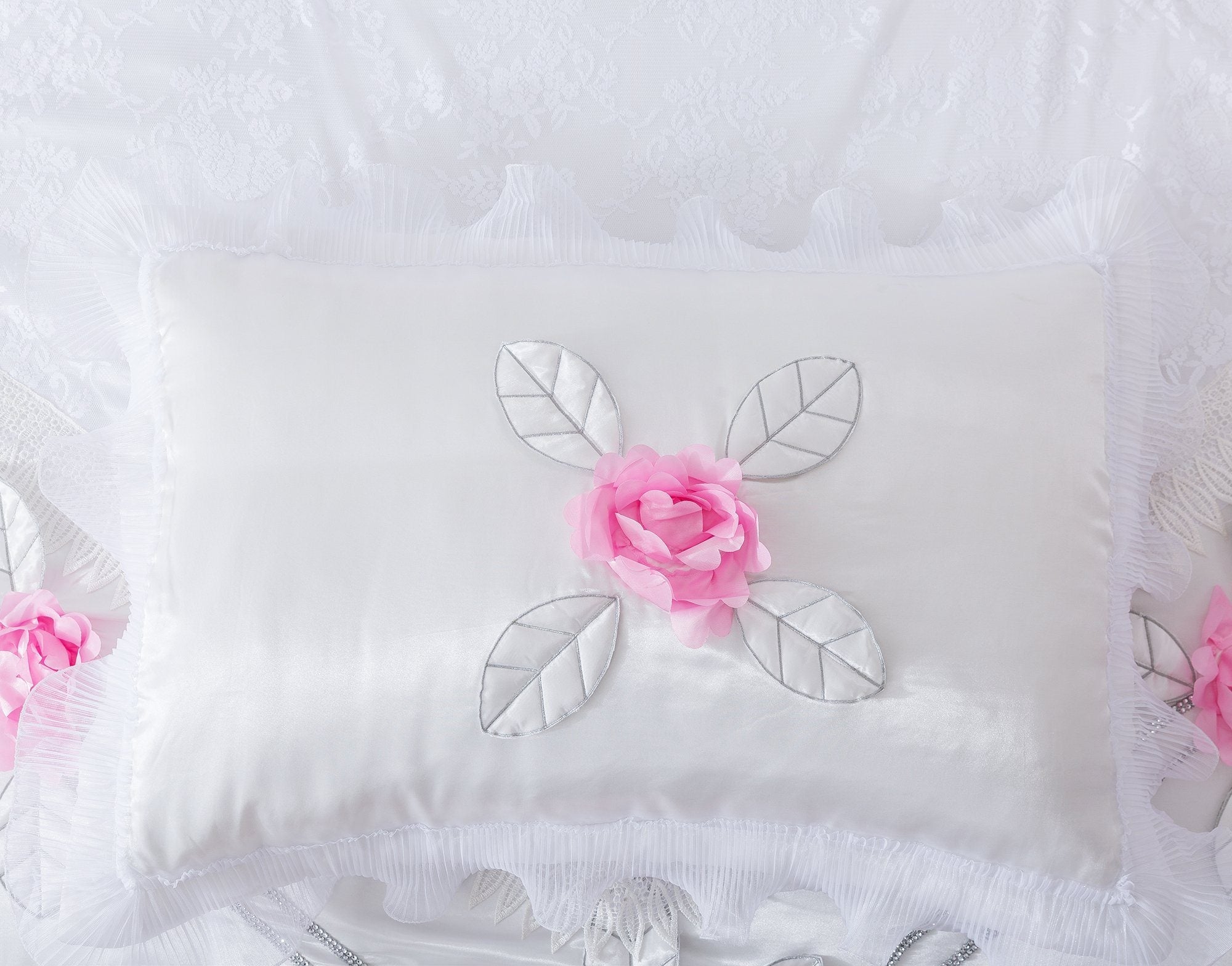 Tache Ruffle Floral Lace Satin White Pink Luxury Delicate Rose Comforter Set (MA125)