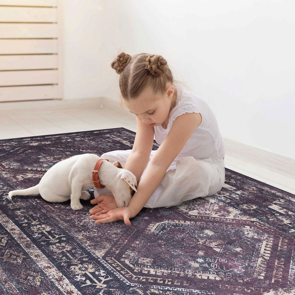 Maval - 5' X 8' Washable Area Rug - Black / Burgundy