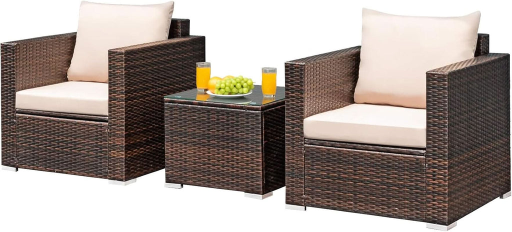 3 Piece Outdoor Patio Furniture Set Rattan Wicker With Washable Cushions And Tempered Glass Tabletop