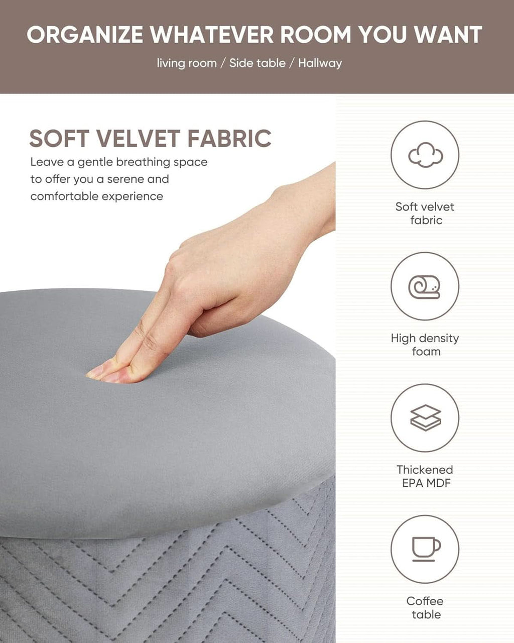 Grey Velvet Circular Storage Ottoman Golden Accents