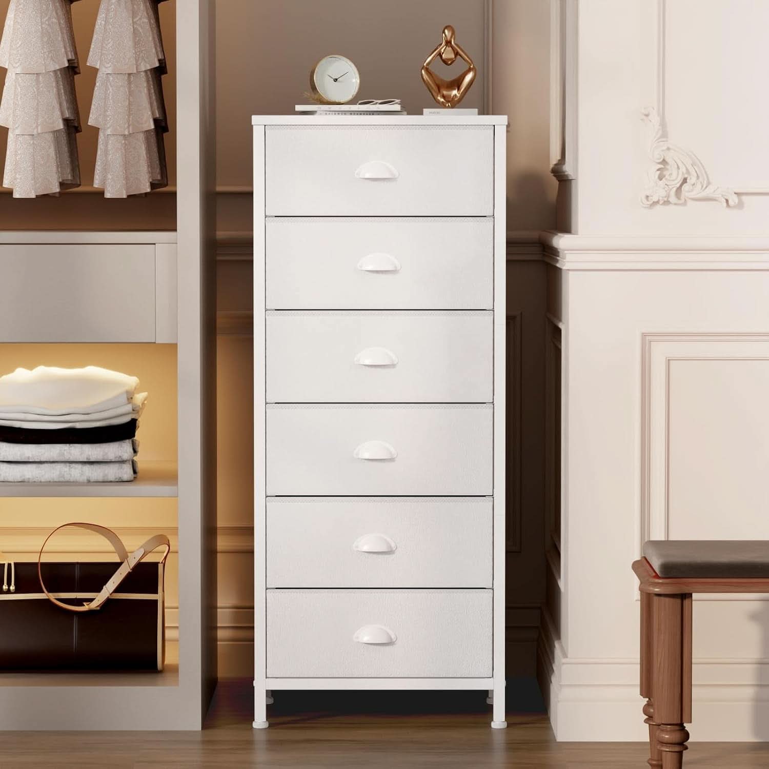 White Tall Dresser With Six Fabric Drawers For Organization
