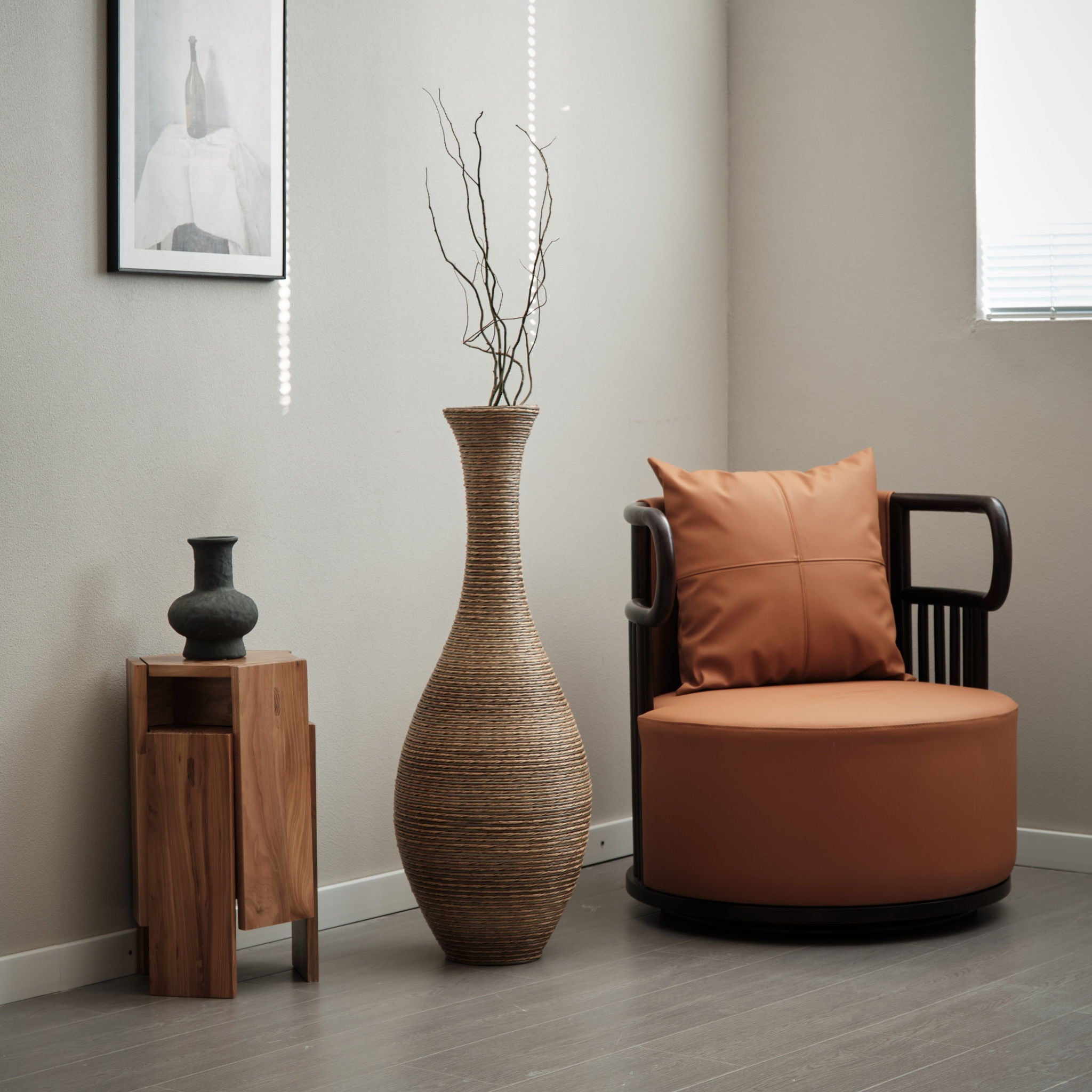 Tall Artificial Rattan Floor Vase In Elegant Statement Piece For Living Room Decor, Entryway, Or Hallway Versatile Home Accent For Dried Or Silk Floral Arrangements - Beige / Gray