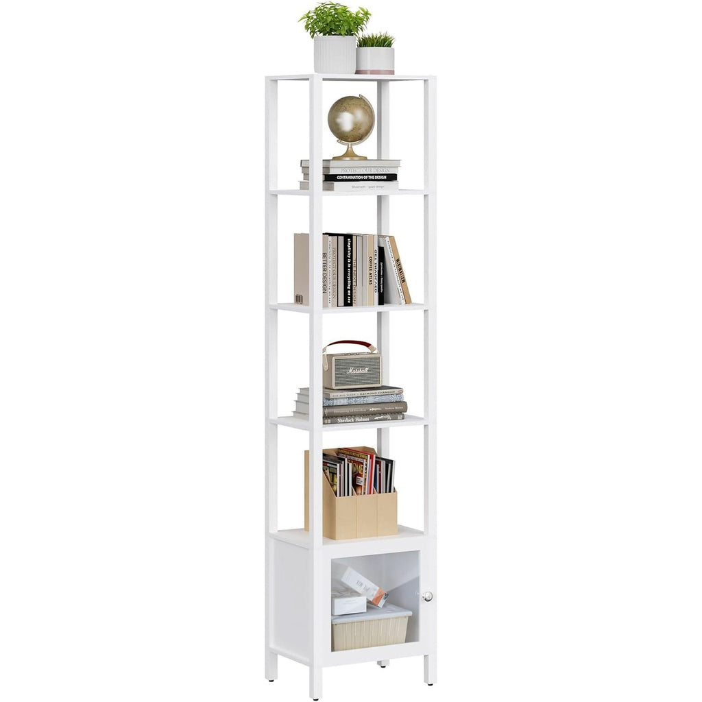 White 6-Tier Narrow Bookshelf With Door For Small Space