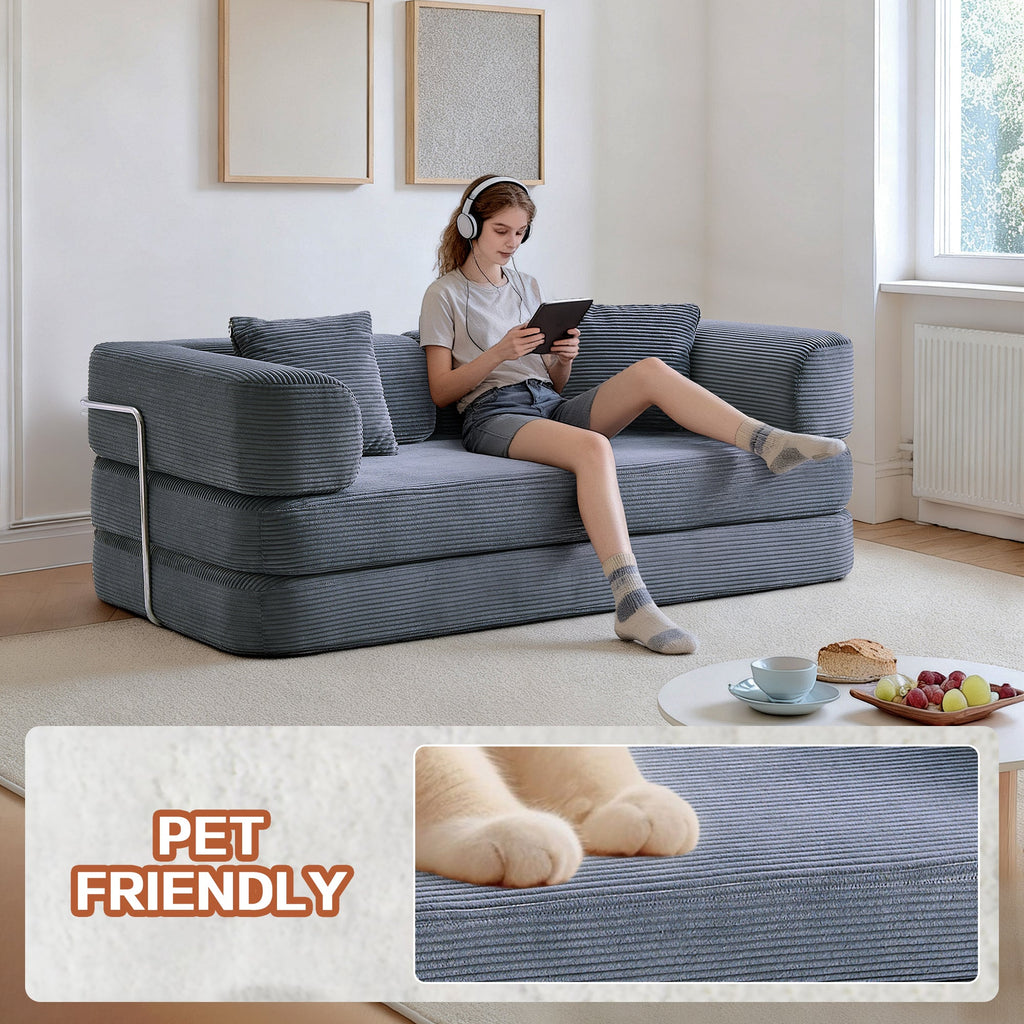 Sofa Bed Floor 5-in-1 Corduroy Gray Convertible Pillow Blanket 74.8 In