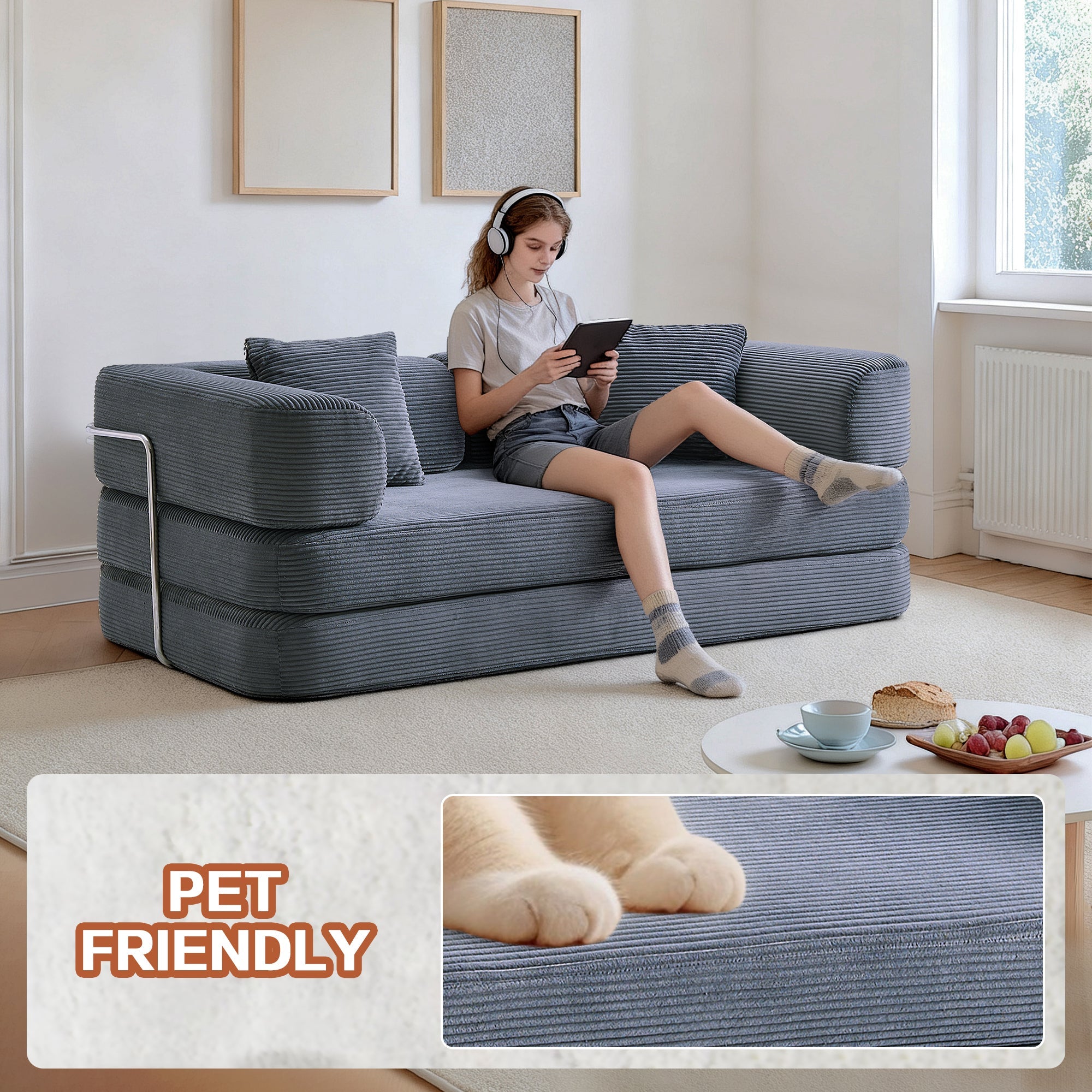 Sofa Bed Floor 5-in-1 Corduroy Gray Convertible Pillow Blanket 74.8 In