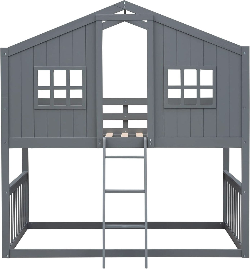 Gray Twin Over Twin House Bunk Bed With Roof For Kids