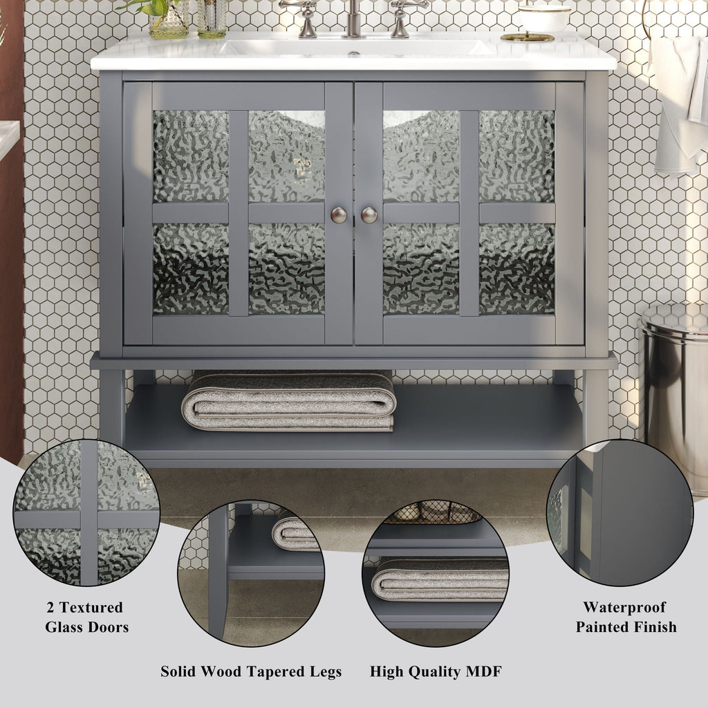 Bathroom Vanity With Ceramic Sink, Adjustable & Open Shelf