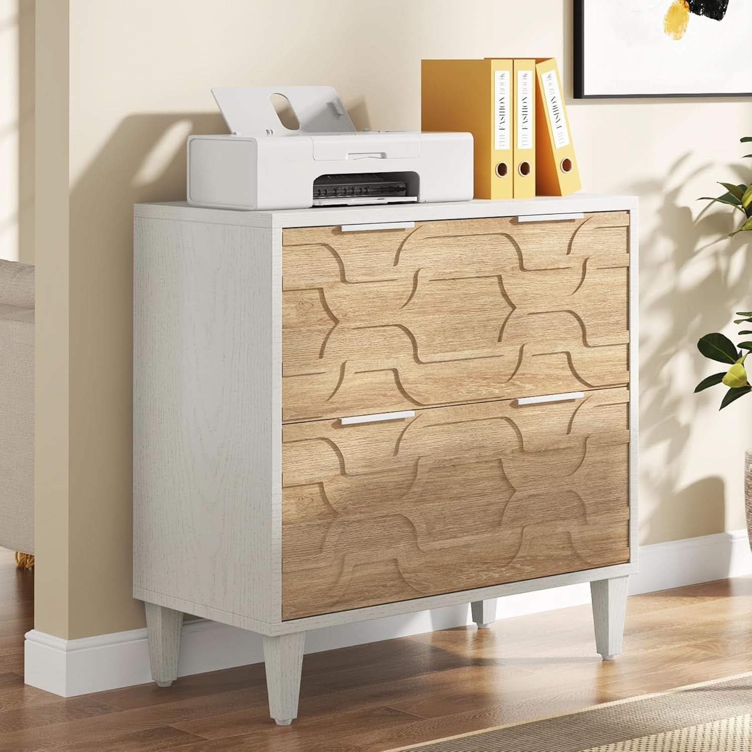 Two Drawer Lateral File Cabinet For A4 Letter And Legal Size Documents White And Walnut Printer Stand