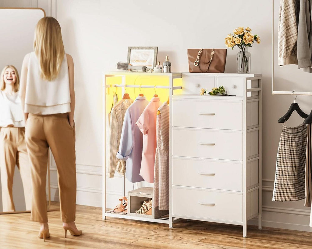 43Inch White Dresser With Hanging Rack AmbientLEDLighting
