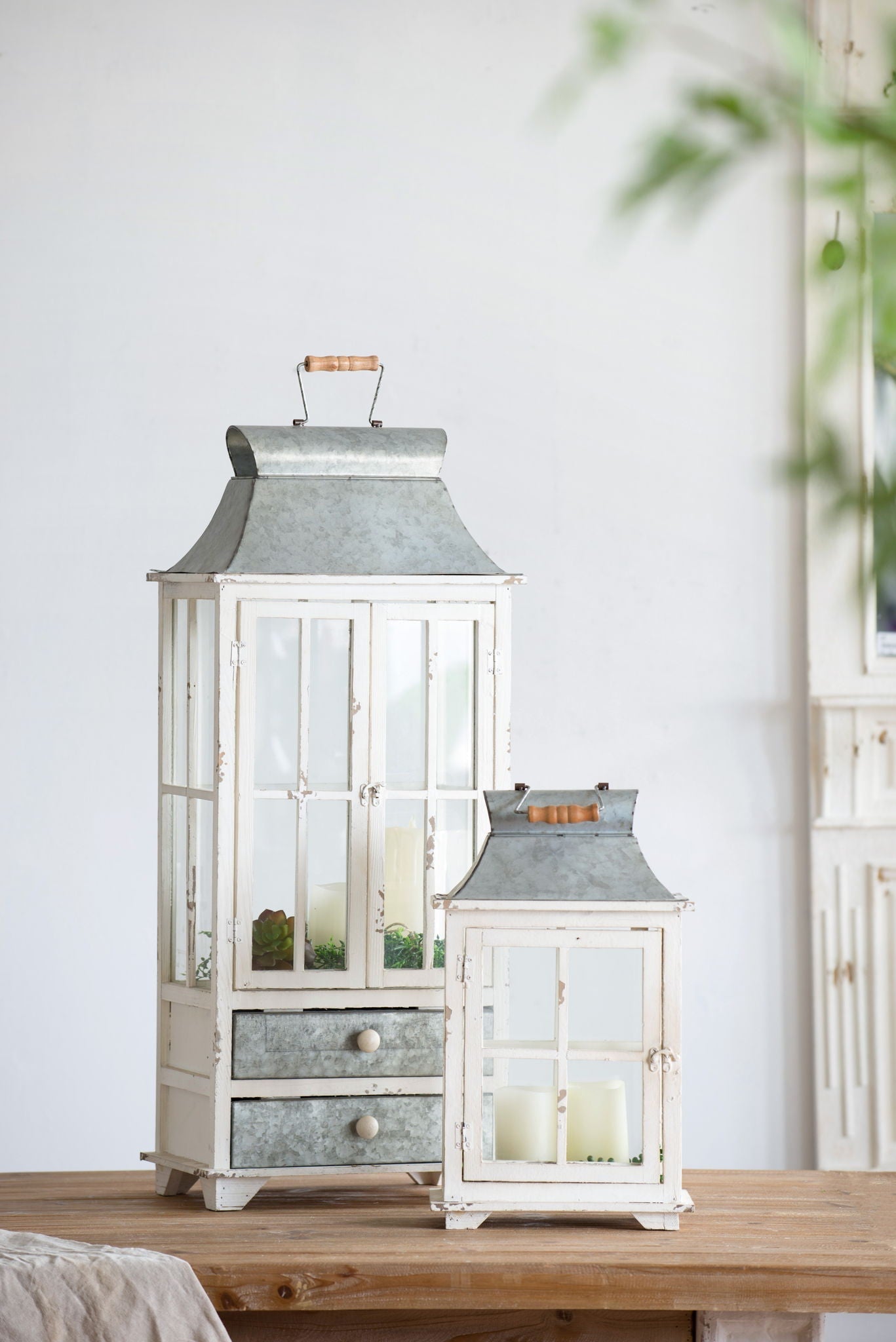 Wooden Candle Lantern Decorative, Hurricane Lantern Holder Decor For Indoor Outdoor, Home Garden Wedding - Ivory