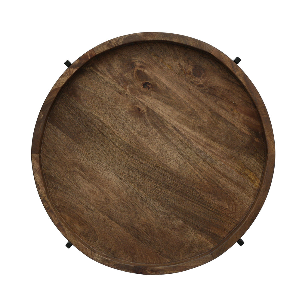 Modern Industrial Round End Table With Tray Top And Foldable Iron Legs - Natural