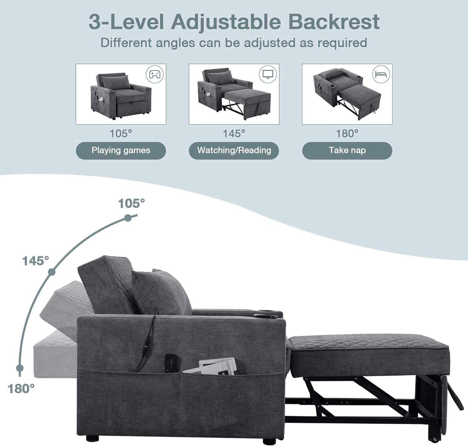 Light Grey Multifunctional Convertible Sofabed With Massage