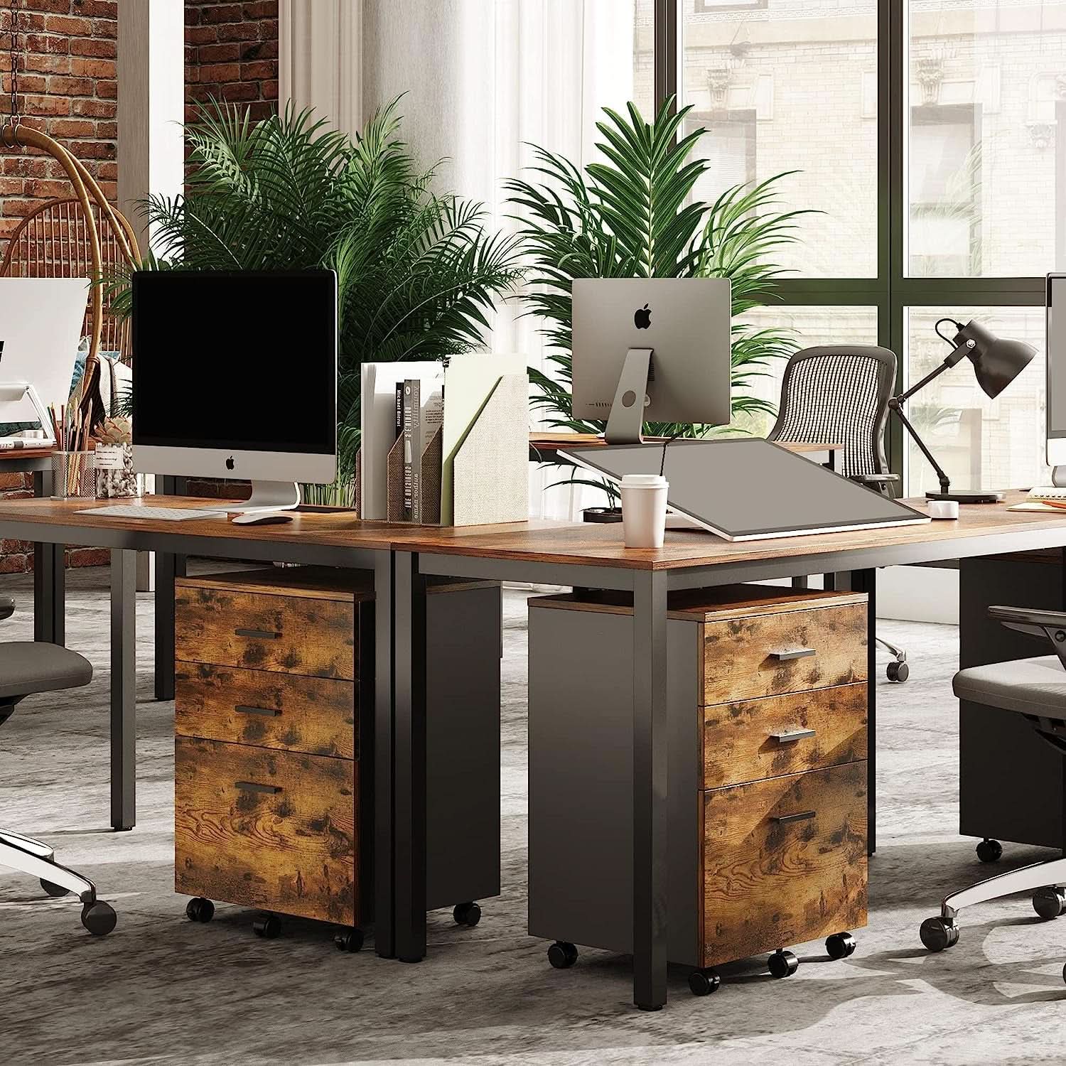 Rustic Brown Rolling File Cabinet With 3 Drawers For Office