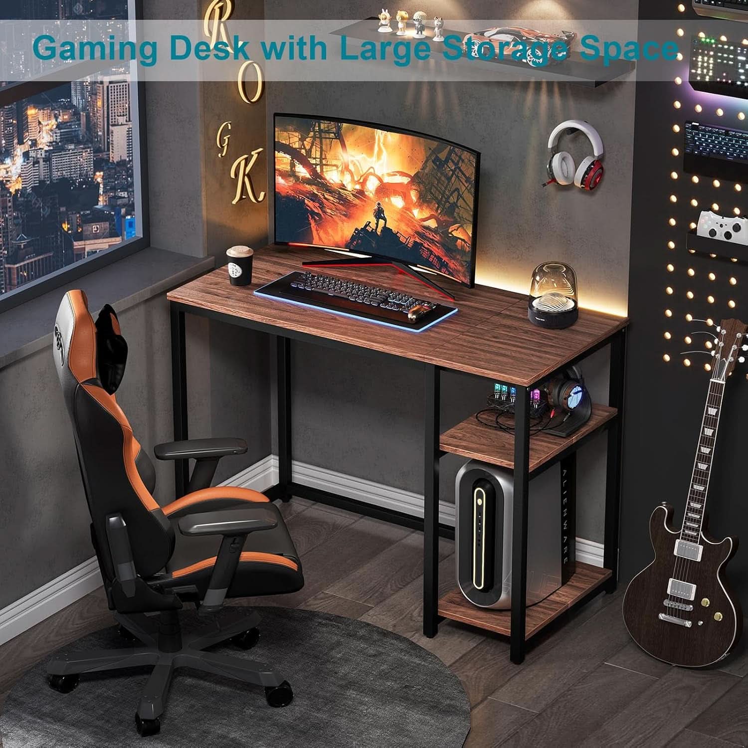 40 Inch Computer Desk With 2 Shelves Brown Sturdy Home Office Gaming Desk