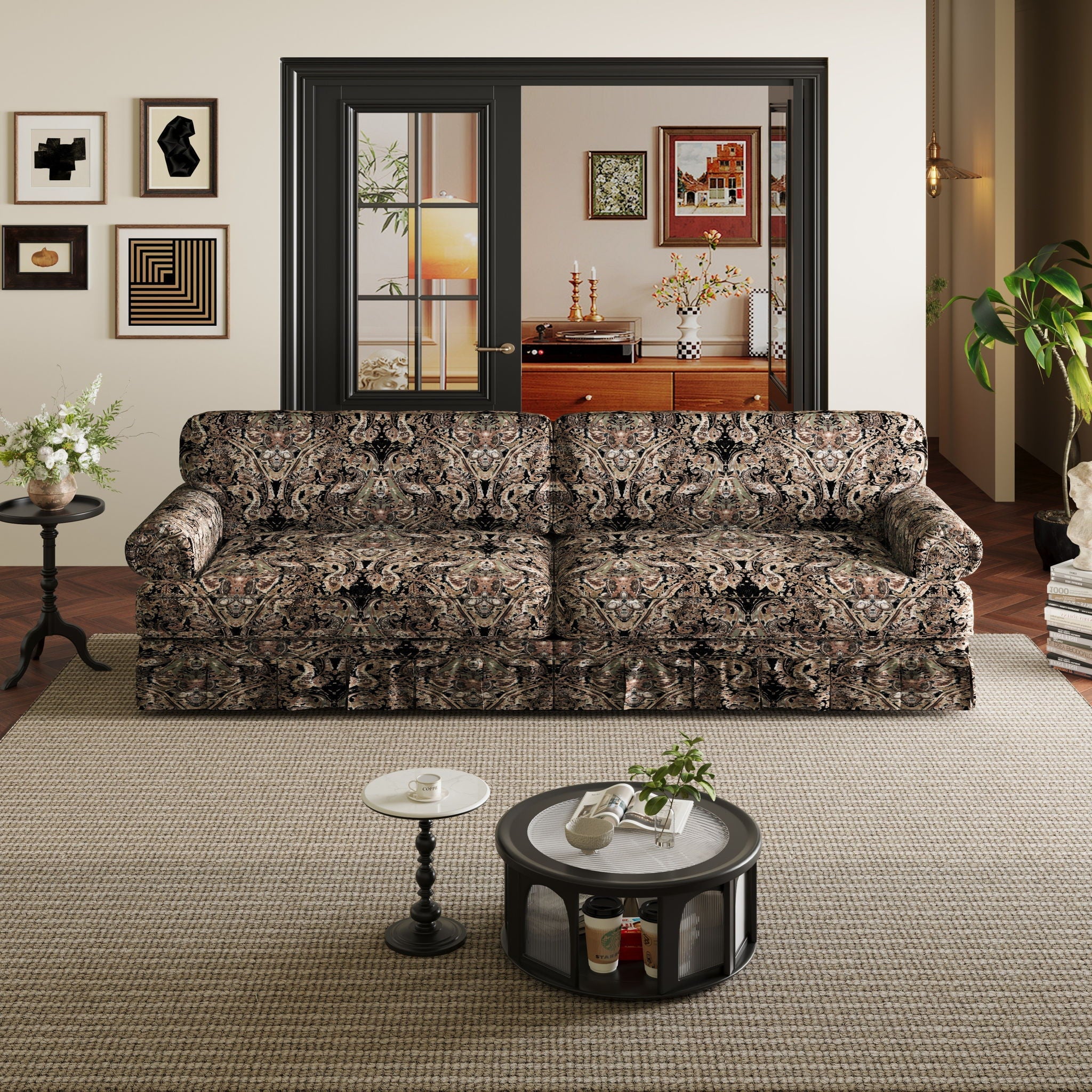 Luxuriously Comfortable Cloud Couch With Elegant Rolled Arms & Pleated Skirt Design