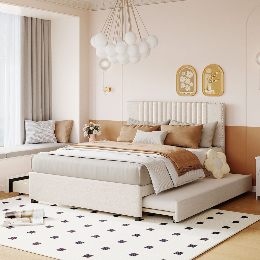 Upholstered Platform Bed With Drawers, Classic Headboard Design