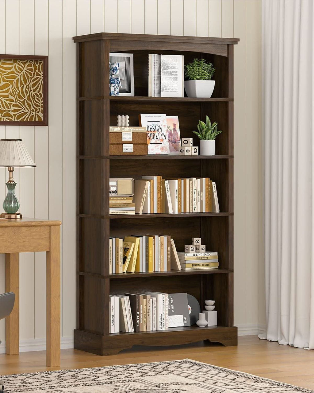 65-Inch Tall Brown Wooden Bookshelf With Five Tiers