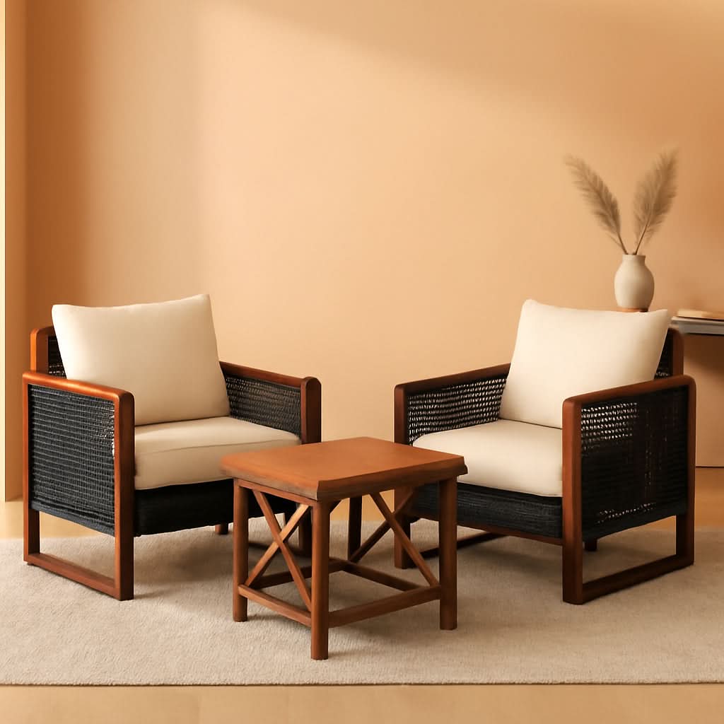 3 Piece Outdoor Patio Furniture Set With Wicker Chairs And Coffee Table Washable Cushions Acacia Wood Frame