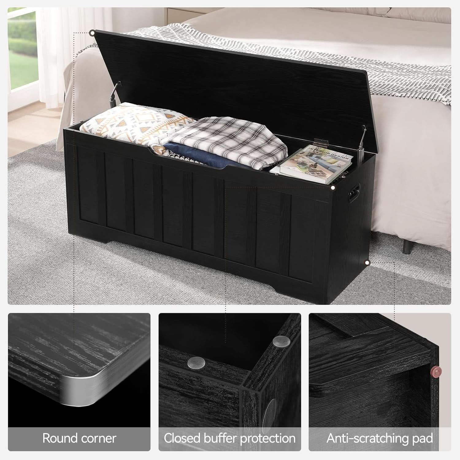 Black 47.2 Inches SolidWood Oversized Storage Bench